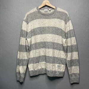 Katin Mens Striped Knit Sweater LG Gray & White Speckled Wool Blend Crewneck